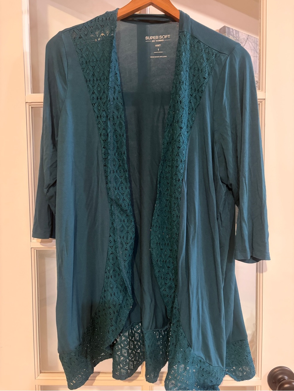 Torrid Super Soft Teal Lace Yoke Open Front Drape Cardigan Plus Size Romantic 1X